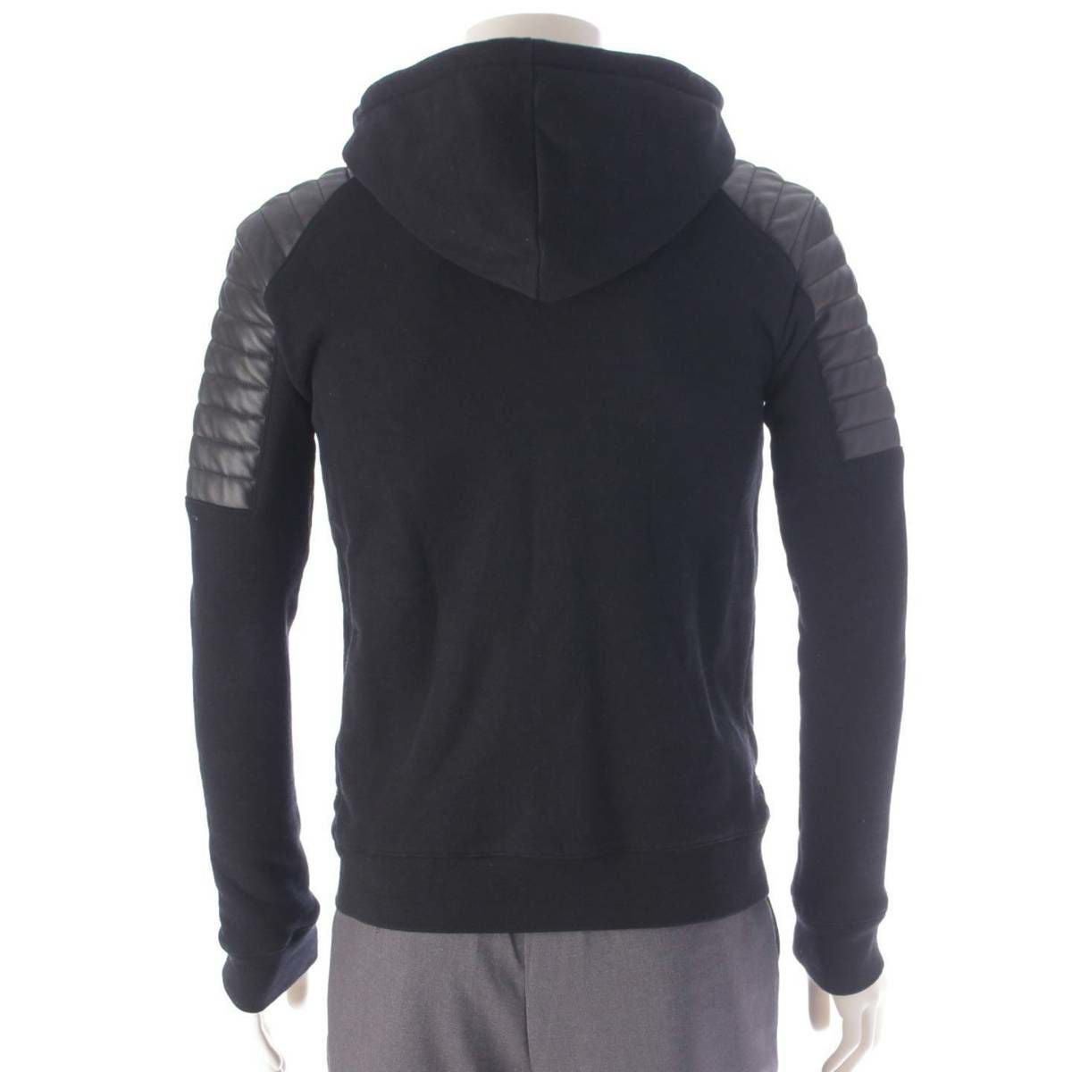 バルマン Balmain メンズ レザー 切替 ジップアップ バイカー パーカー