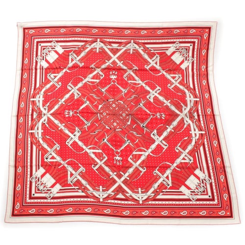 エルメス 26年 カレジェアン Carre Geant カシミヤ シルク Mors a Jouets Bandana 馬銜 スカーフ レッド系