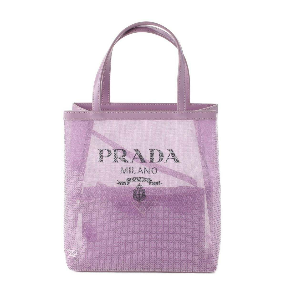 と*タ様 PRADA パープル スパンコール ハンドバッグ プラダ スパンコール メッシュ スモール ショッピング ハンドバッグ