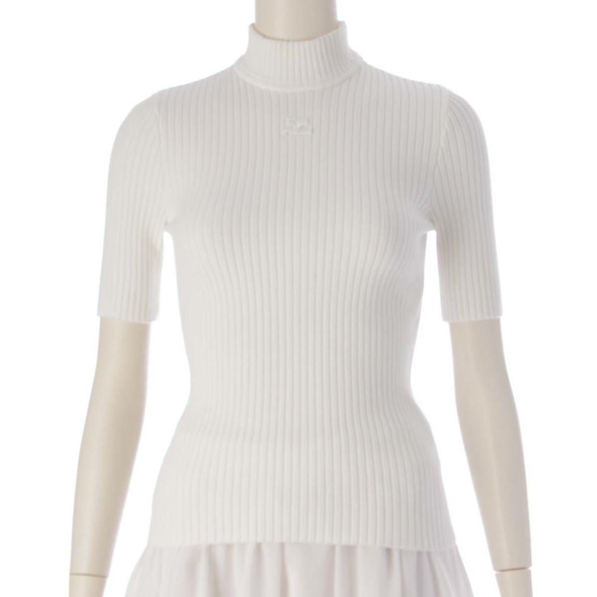 クレージュ　半袖　ハイネックニット　白 クレージュ COURREGES ハイネック ロゴマーク ビスコース 半袖