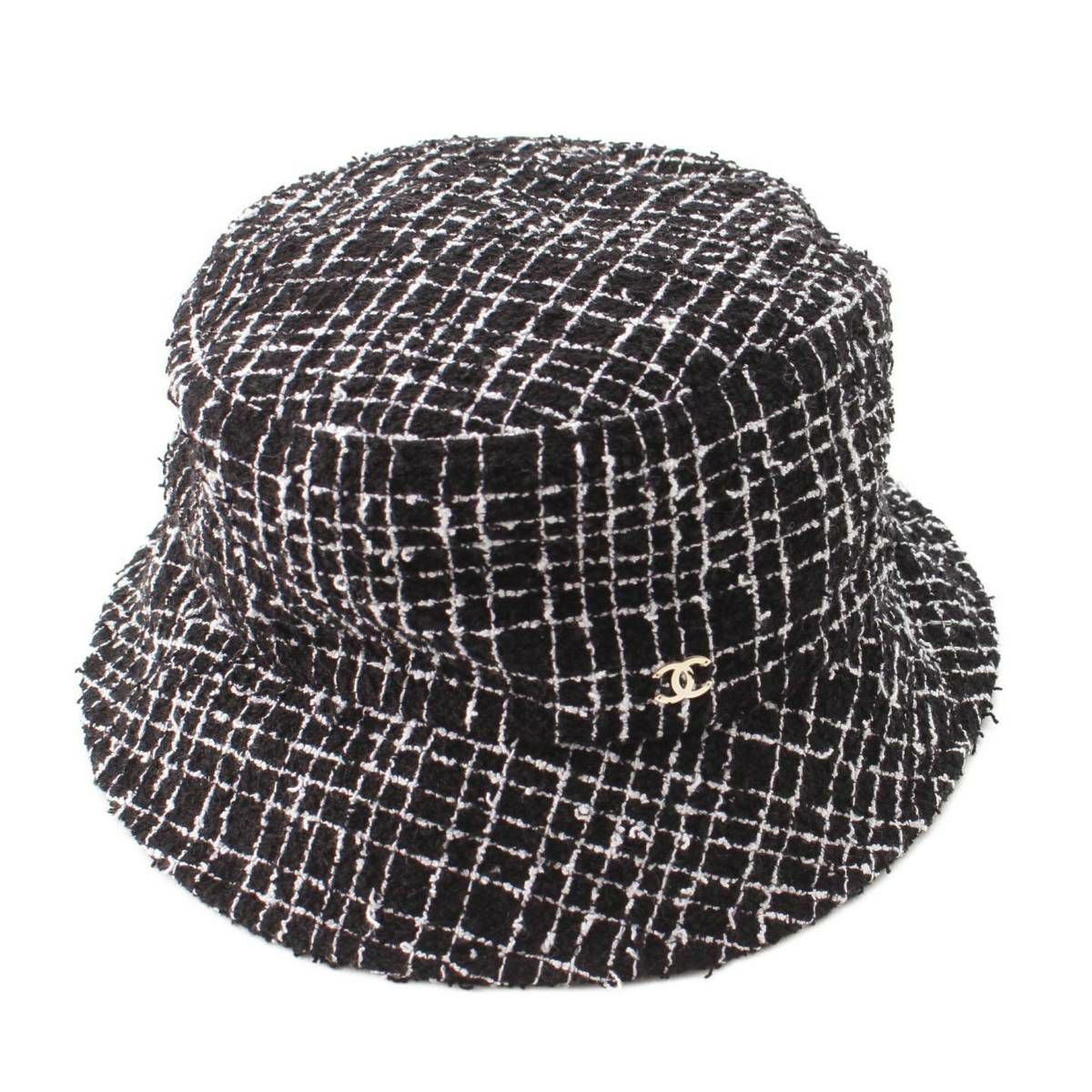 美品 CHANEL ツイードバケットハット ココマーク 近年モデル ブラック Ｍ シャネル ココマーク コットン ツイード バスケットハット 帽子