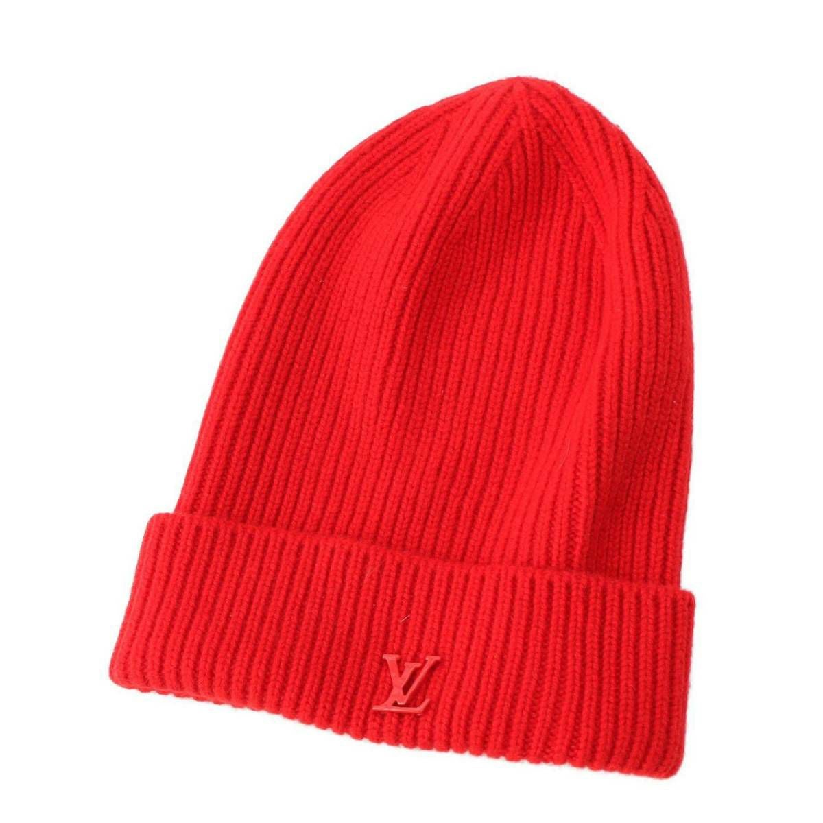 Louis Vuitton レッド色ニット帽 ルイヴィトン LVアテッド ロゴ カシミヤ リブニットキャップ ニット帽