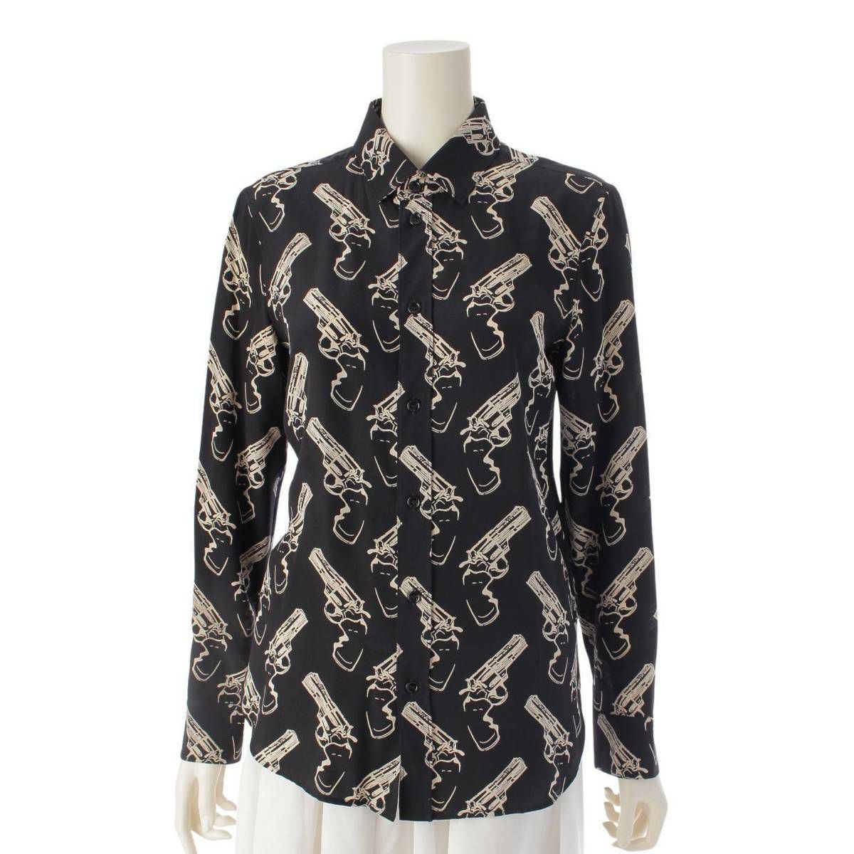 美品 サンローラン パリ SAINT LAURENT PARIS 14AW エディ期 ピストル ガン シャツ シルク 総柄 36(XXS) ブラック サンローラン SAINT LAURENT 14AW エディ期 ピストル ガン 総柄 長袖