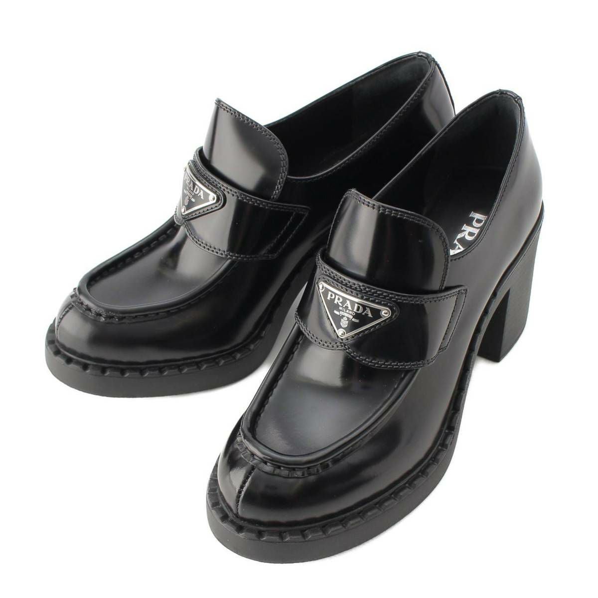 極美品 PRADA ローファー チョコレート ハイヒール 三角ロゴ プラダ 三角ロゴ チョコレート ブラッシュドレザー ハイヒール
