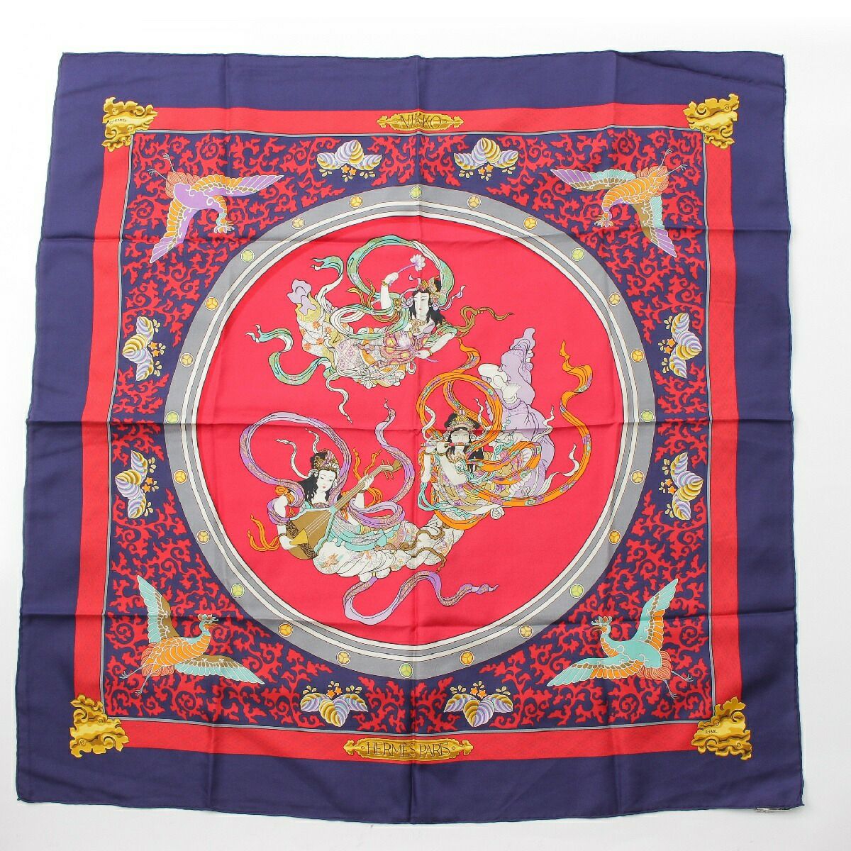 HERMES エルメス スカーフ カレ90 日光東照宮 シルク マルチカラー エルメス カレ90 シルク スカーフ NIKKO 日光東照宮 天女 ネイビー