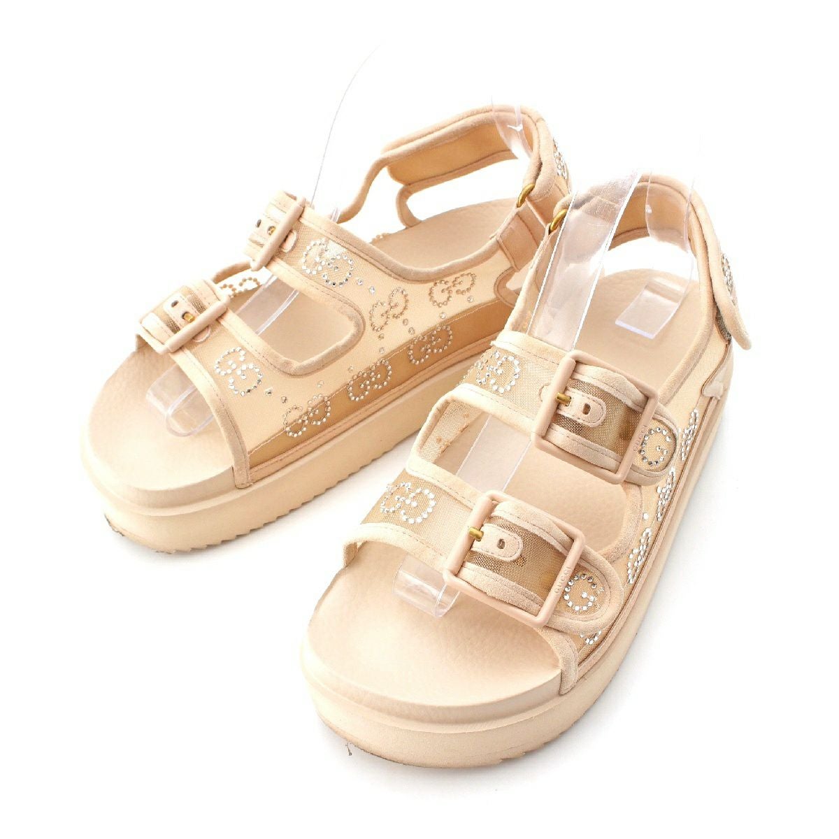 本日迄の出品 メッシュGGビジュートリムロゴフラットサンダル 38 グッチ メッシュ GGビジュートリム ロゴ フラット サンダル ベージュ