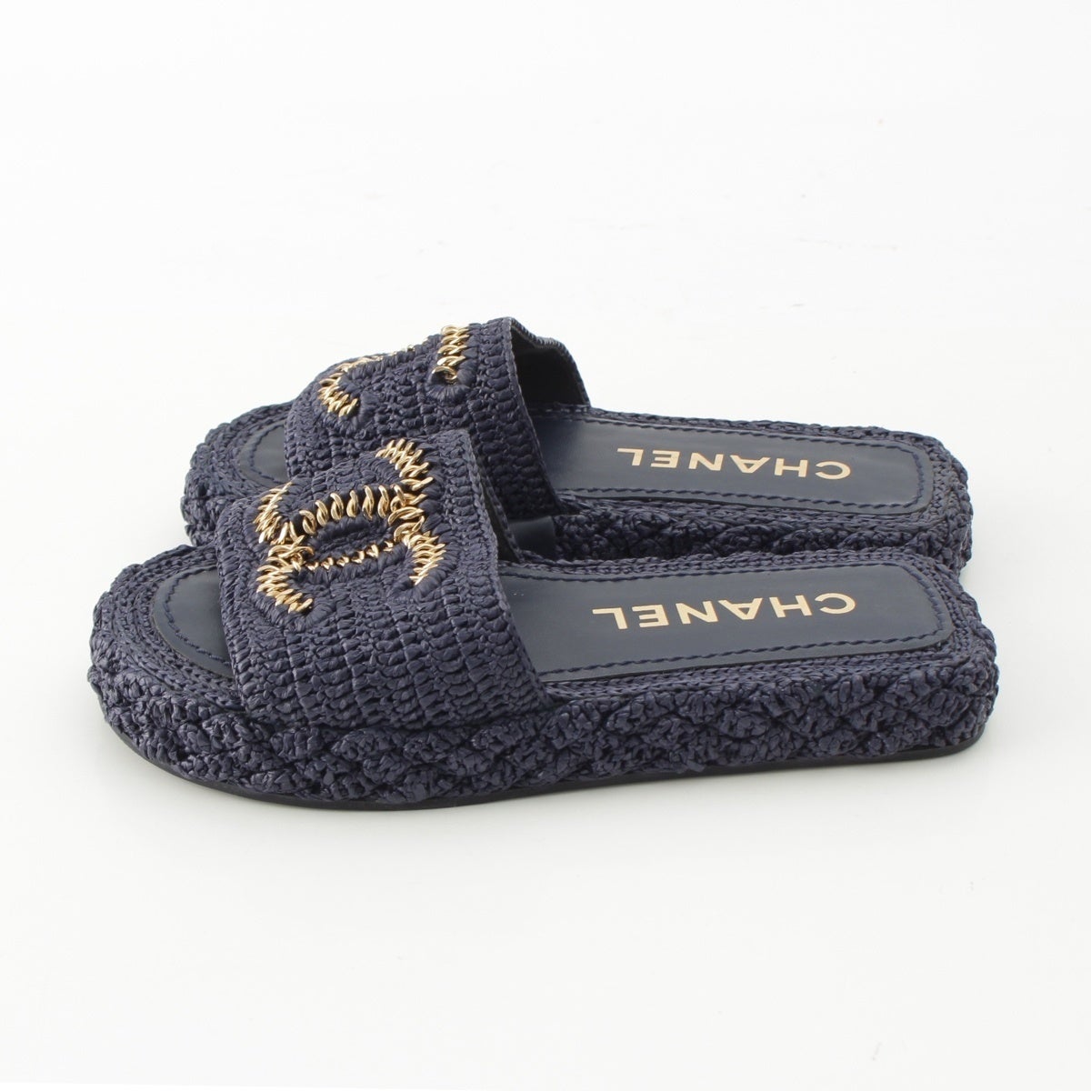 CHANEL ミュール サンダル バックストラップ ココマーク スティッチ 34 シャネル ラフィア ココマーク フラット サンダル ミュール スリッパ