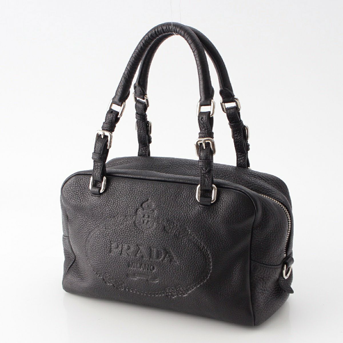 希少PRADAエナメルレザーミニボストンハンドバッグ美品ブラック南京錠付ロゴ刻印 プラダ レザー エンボスロゴ ミニボストン ハンドバッグ 鞄 BR3091