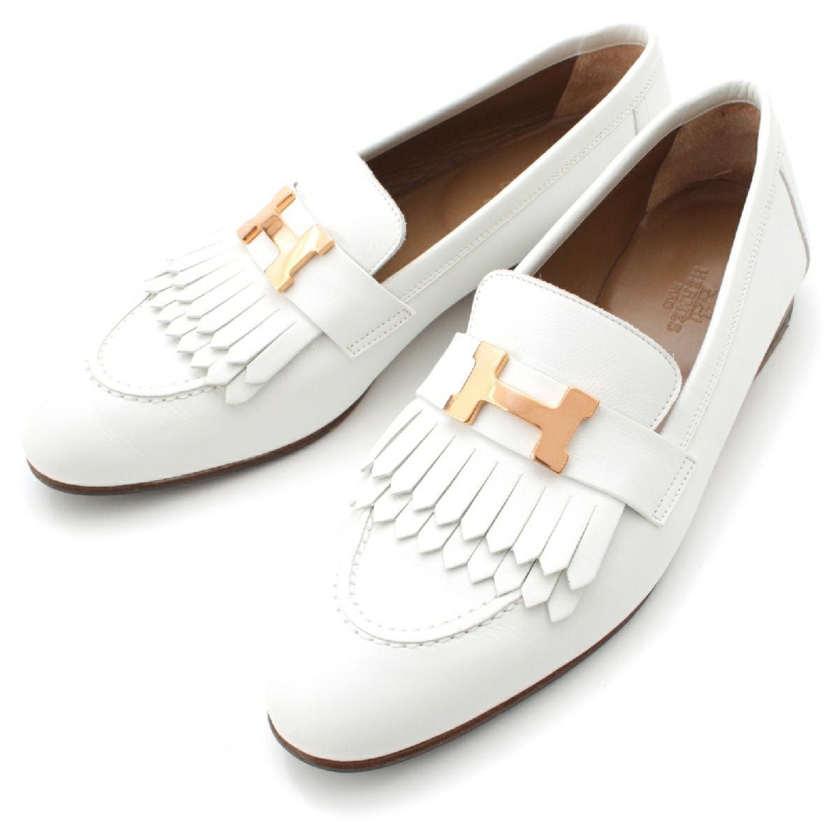 美品 HERMES モカシン エリゼ ロワイヤル フリンジ ホワイト 37.5 エルメス レザー ロワイヤル Hモチーフ フリンジ モカシン シューズ