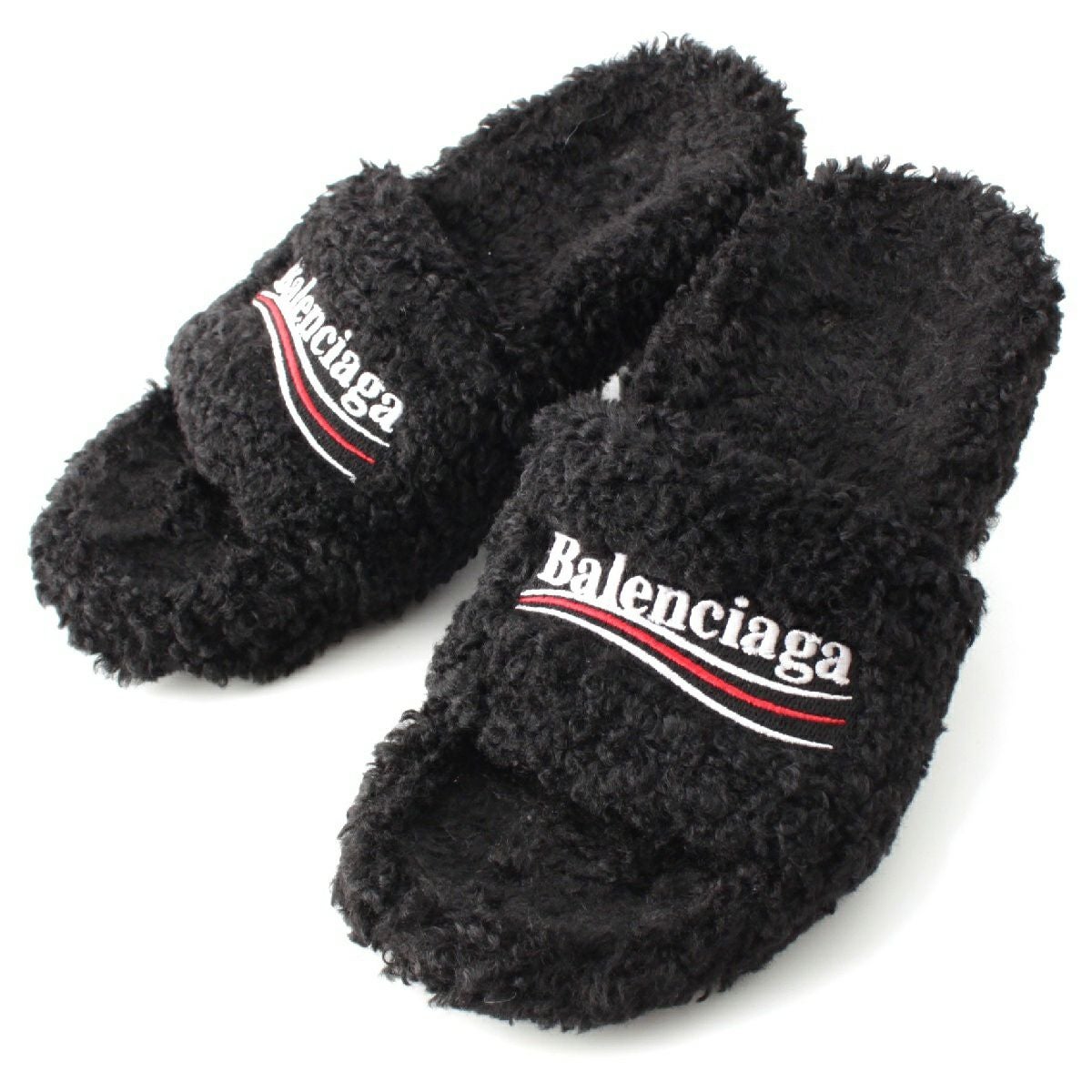 Balenciaga ボアサンダル ブラック バレンシアガ ロゴ ムートン ボア ヒール ミュール オープントゥ