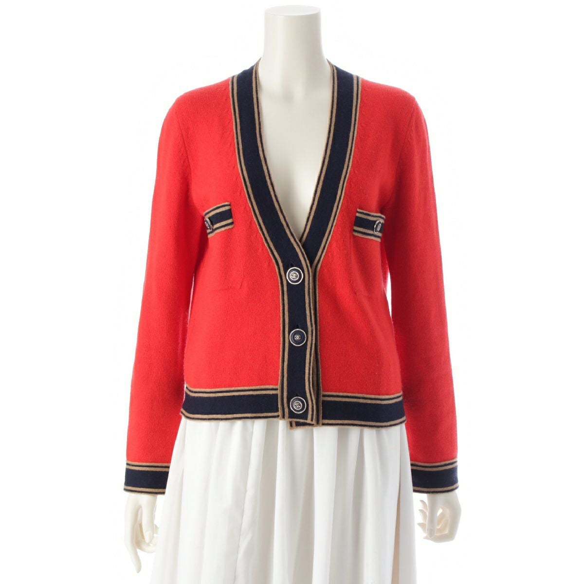 CHANEL - CHANEL(シャネル) カーディガン サイズ36 S レディース美品  - P62955 レッド×ダークネイビー×ベージュ 長袖/カシミヤ/2020年 カシミヤ シャネル 20C カシミヤ ココマーク カーディガン トップス P62955