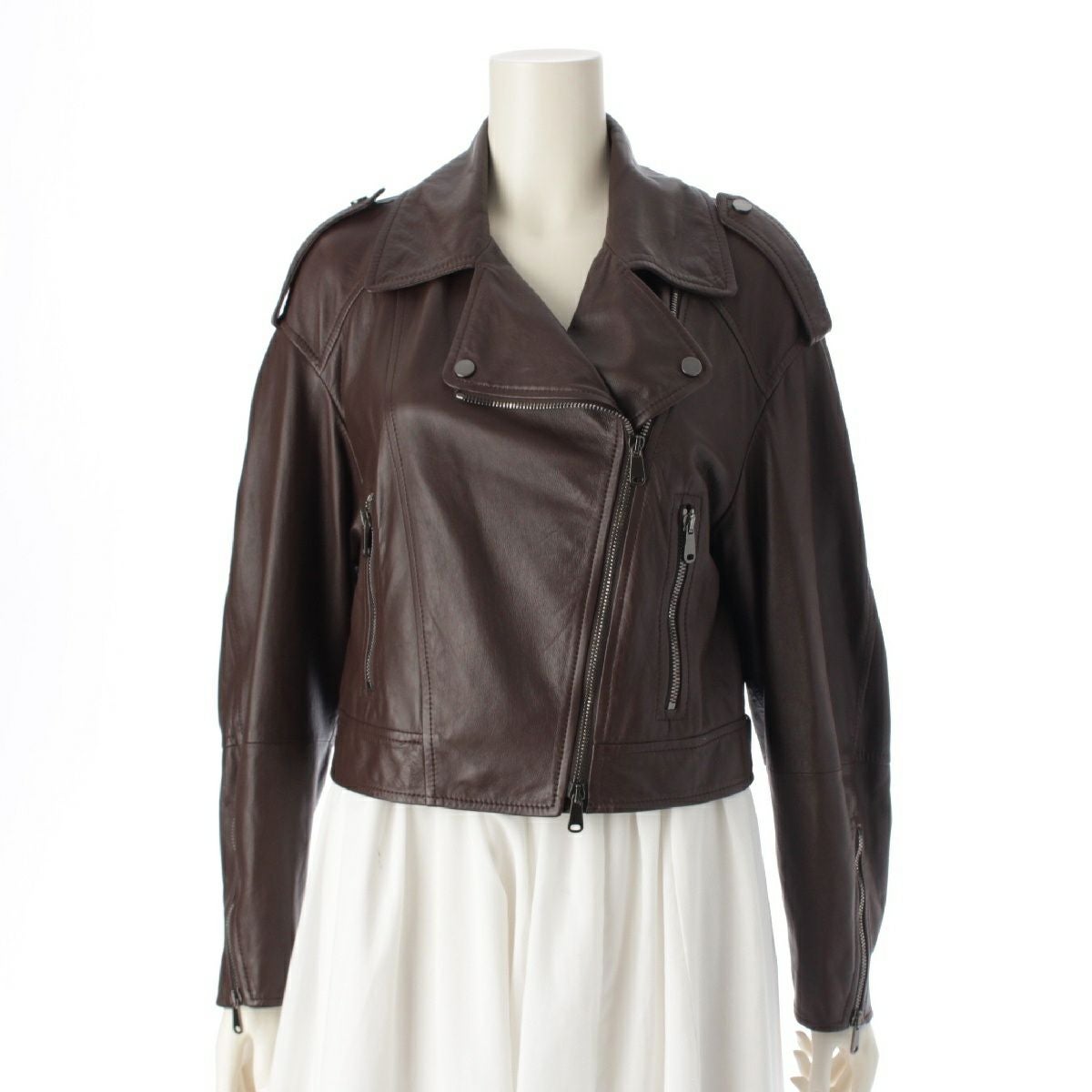 BRUNELLO CUCINELLI - ブルネロクチネリ レザー ジップアップ ライダースジャケット ブラウン 38【中古】 ブルネロクチネリ レザー ジップアップ ライダースジャケット ブラウン