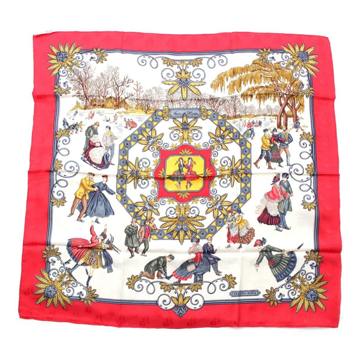 エルメス シルク カレ90 Joies d'Hiver 冬の愉しみ スカーフ レッド