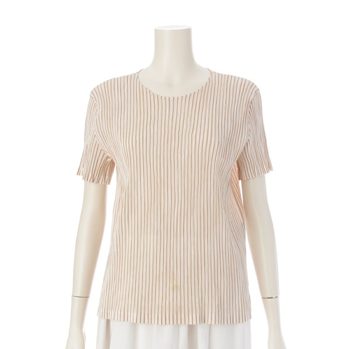 ISSEY MIYAKE - イッセイミヤケ プリーツ 半袖クルーネック トップス ストライプ柄 IM22FJ520 ホワイト ベージュ 3【中古】 イッセイミヤケ プリーツ 半袖クルーネック トップス ストライプ柄