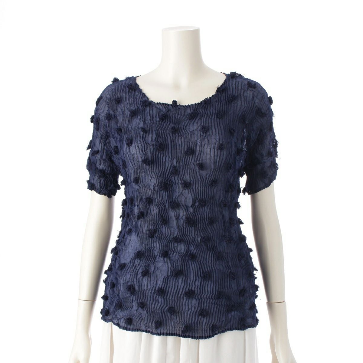 ISSEY MIYAKE - イッセイミヤケ 1999S/S プリーツ ポリ 刺繍 シアー 半袖 トップス IM92-FJ951  ネイビー M【中古】 イッセイミヤケ 1999S/S プリーツ ポリ 刺繍 シアー 半袖 トップス