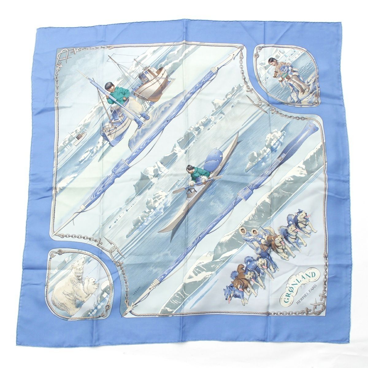 エルメス カレ90 シルク GRONLAND グリーンランド スカーフ ブルー